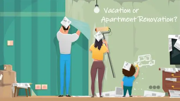 Vector illustration of Family Repairing Apartments Room Cartoon Vector