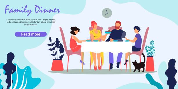 Family Dinner. Parents and Children Having Meal Family Dinner. Parents and Children Having Meal with Fresh Cooked Food Sitting on Kitchen around Table at Domestic Atmosphere, Home Spare Time. Cartoon Flat Vector Illustration, Horizontal Banner family dinner stock illustrations