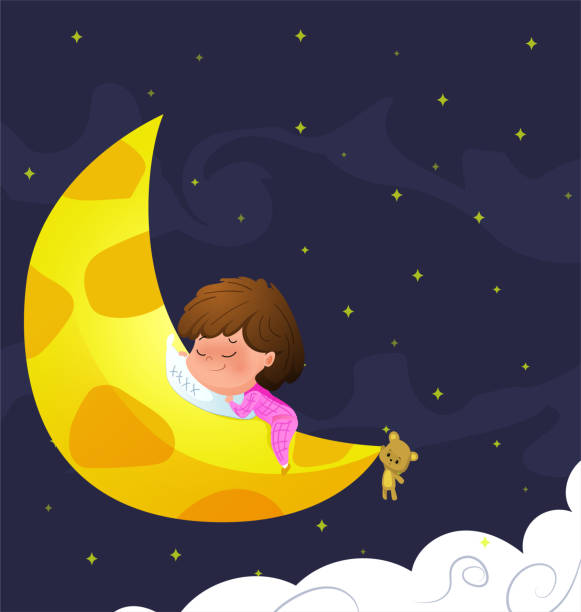 istock Cartoon little baby sleeps on moon. 1174093746