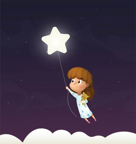 istock Girl sleeps and flying through the night sky in her dream. 1174094171
