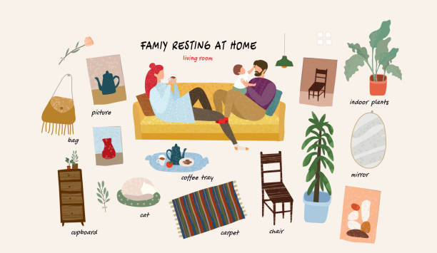 ilustraciones, imágenes clip art, dibujos animados e iconos de stock de conjunto de ilustraciones vectoriales planas aisladas de una familia feliz con un niño en casa y objetos interiores y muebles en la sala de estar en un apartamento - family sofa vector illustration and painting