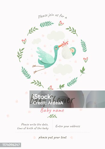 istock Baby Shower Invitation template with cute illustration of a stork with a newborn in a flower frame, vector isolated card for congratulations on a newborn 1174096247