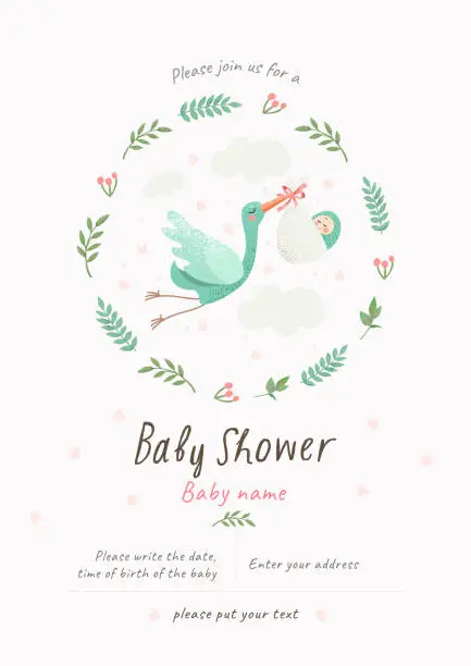 Vector illustration of Baby Shower Invitation template with cute illustration of a stork with a newborn in a flower frame, vector isolated card for congratulations on a newborn