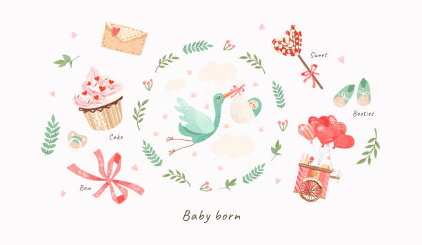 Baby Shower Invitation template with cute illustration of a stork with a newborn in a flower frame, vector isolated card for congratulations on a newborn Baby Shower Invitation template with cute illustration of a stork with a newborn in a flower frame, vector isolated card for congratulations on a newborn childbirth stock illustrations