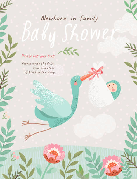 ilustraciones, imágenes clip art, dibujos animados e iconos de stock de linda ilustración de una cigueña con un bebé en un marco de flores, objetos aislados vectoriales para felicitaciones por un recién nacido - newborn