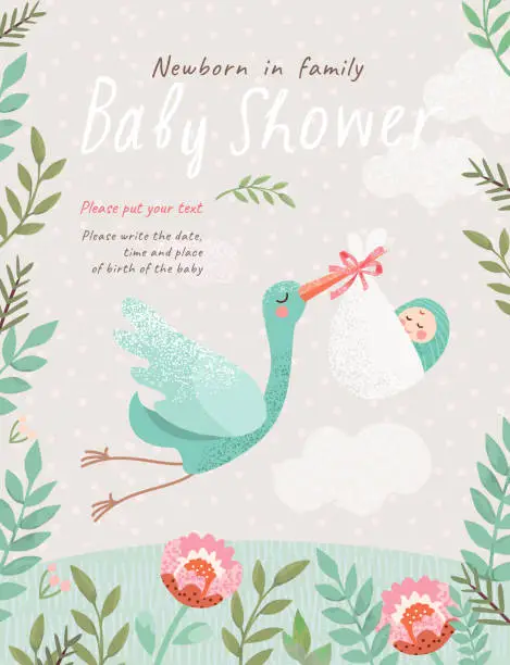 Vector illustration of cute illustration of a stork with a baby in a flower frame, vector isolated objects for congratulations on a newborn