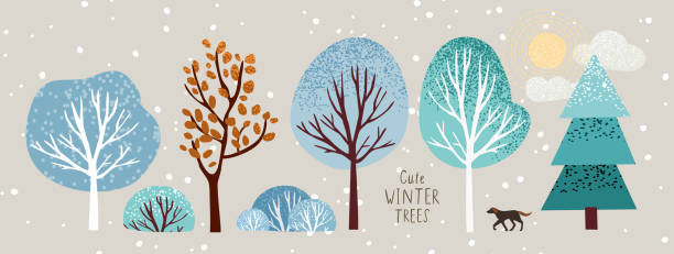 illustrazioni stock, clip art, cartoni animati e icone di tendenza di simpatici alberi invernali, vettori isolati illustrazione di alberi, foglie, abeti, arbusti, sole, neve e nuvole, oggetti di capodanno e natale ed elementi della natura per creare un paesaggio - panoramic landscape illustration and painting tree