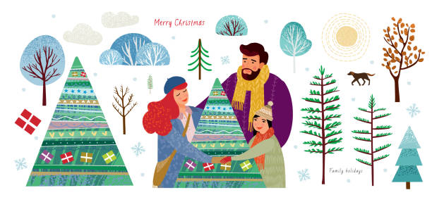 szczęśliwa rodzina świętować boże narodzenie i nowy rok i tańczyć wokół choinki, ustawić, aby stworzyć ilustrację zimą lub karty z elementami: drzewa, płatek śniegu, krzew, pies, słońce, prezent - christmas tree family winter art stock illustrations