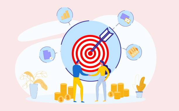Movement to Business Goal. Teamwork. Success. Hit Target. Animated Characters Hold Hands and Enjoy Victory. Joy of Working Together. Excellent Coordination and Teamwork. Teambuilding. Huge Target. Arrow Hit Bulls-eye. Picture for Website. kid helping climbing stock illustrations