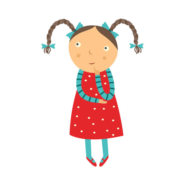 ilustrações de stock, clip art, desenhos animados e ícones de cute curious little girl with pigtails hairstyles stands with her finger near face, looks up and thinks. - pigtails ethnic little girls teenage girls