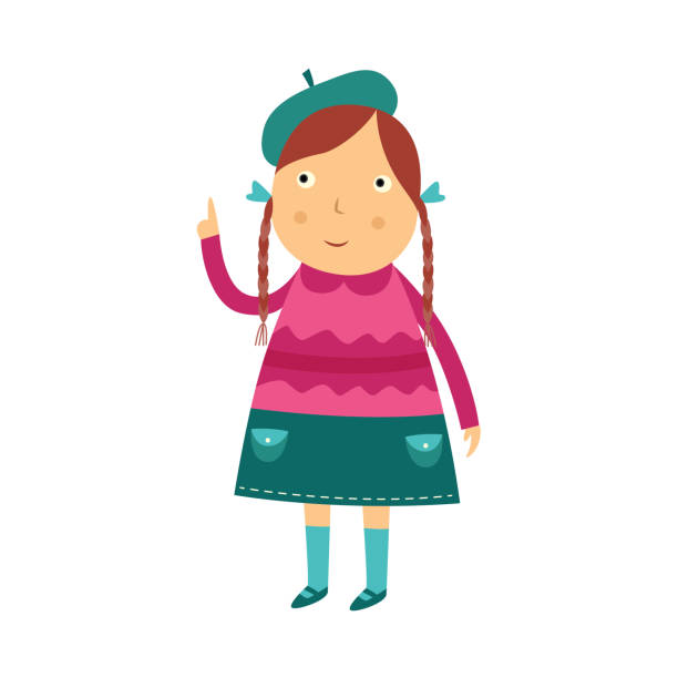 ilustrações de stock, clip art, desenhos animados e ícones de cute curious little girl with pigtails hairstyles stands holding her finger up and thinks. - pigtails ethnic little girls teenage girls