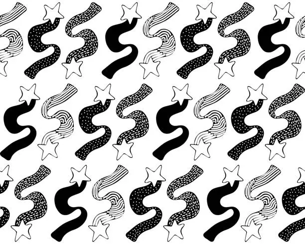 Vector illustration of Seamless pattern cartoon shooting stars. Children's Doodle style. Flying comets with a tail. Black and white graphic starry sky background: shooting stars, cosmos. Cute background for kids in a vector.
