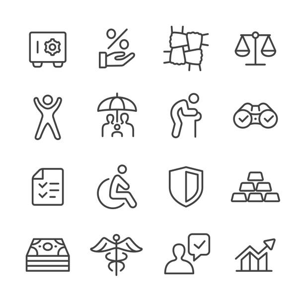 illustrazioni stock, clip art, cartoni animati e icone di tendenza di set icone assicurative - serie linea - silhouette interface icons wheelchair icon set