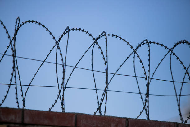 istock Barbed wire fence around prison walls blue sky in background 1174103812