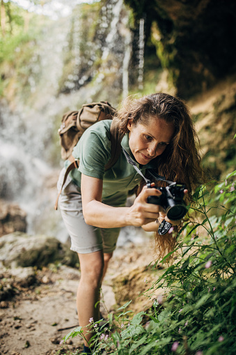One woman, lady explorer and biologist standing in nature alone, taking pictures with camera.