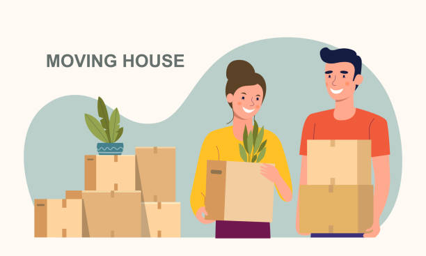 ilustrações de stock, clip art, desenhos animados e ícones de man and woman hold boxes. moving house.  vector flat style illustration - mover