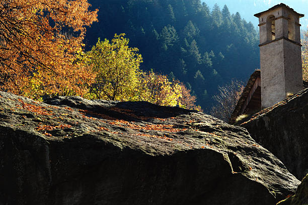 Yellow autumn forest on the rocks in Zagorokhorie