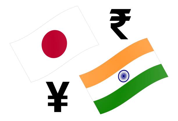 JPYINR forex currency pair vector illustration. Japanese and Indian flag, with Yen and Rupee symbol. JPYINR forex currency pair vector illustration. Japanese and Indian flag, with Yen and Rupee symbol. rupee symbol stock illustrations