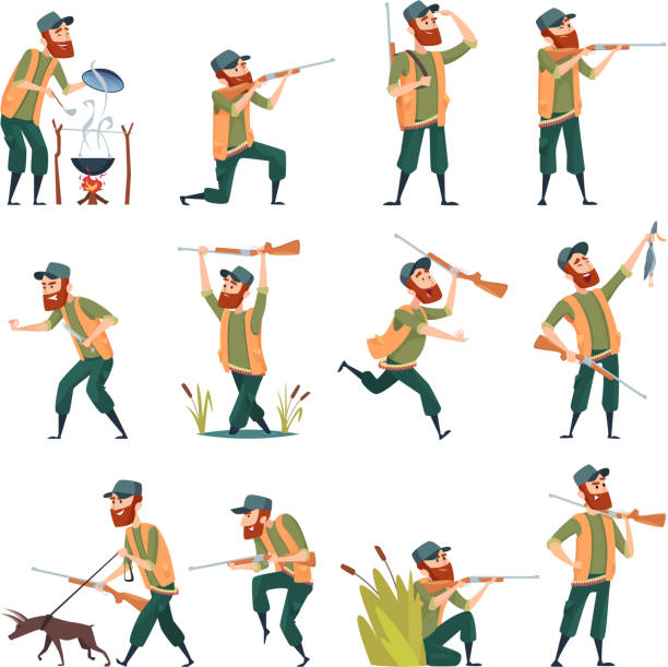 ilustrações de stock, clip art, desenhos animados e ícones de hunters. sniper outdoor human with weapons duck hunting in action poses vector characters - bird hunter