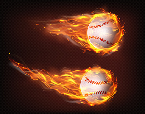 Flying in flames baseball balls realistic vector