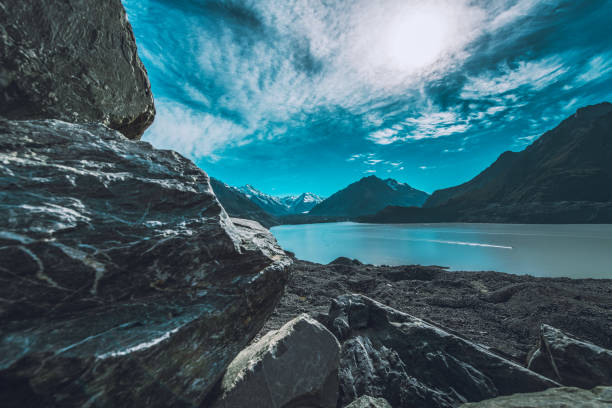 Beautiful areal view of the Hooker Lake in front of Mt Cook, 3724 m, New Zealand.
