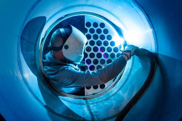 welder man welding a multitubular heat exchanger - confined space flash imagens e fotografias de stock