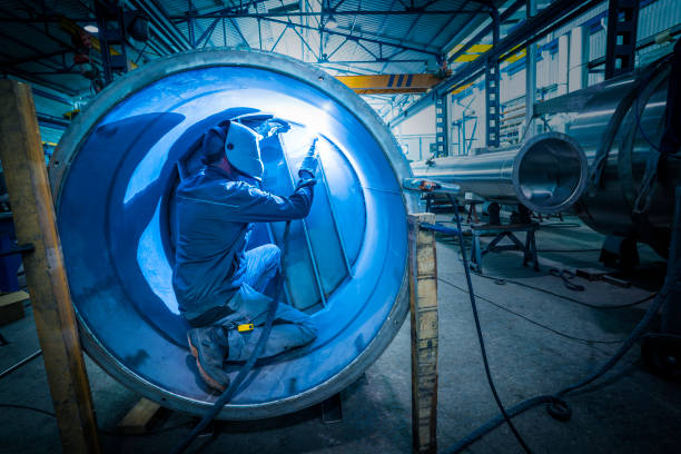 Welder man welding stainless steel tank in boilermaking industry