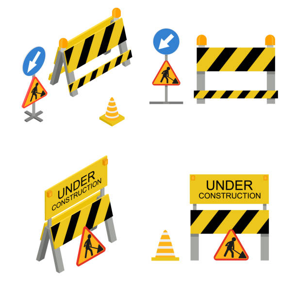 ilustrações de stock, clip art, desenhos animados e ícones de under construction sign 3d icon set isometric view. vector - construction industry business warning symbol