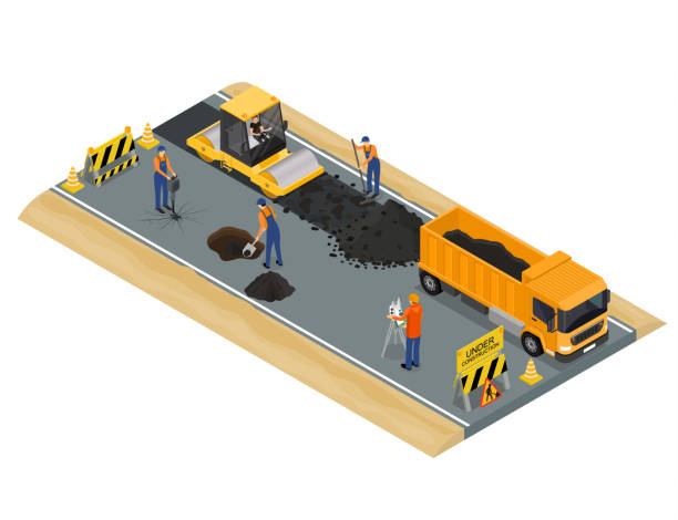 ilustraciones, imágenes clip art, dibujos animados e iconos de stock de concepto de escena de construcción de carreteras vista isométrica 3d. vector - construcción de carretera