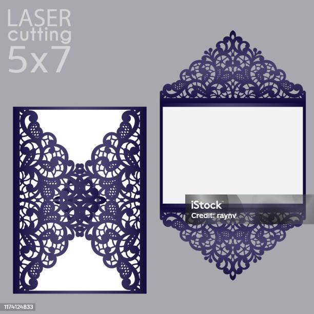 Laser Cut Wedding Invitation Card 5x7 Template Vector Die Cut Paper Card  With Lace Pattern Cutout