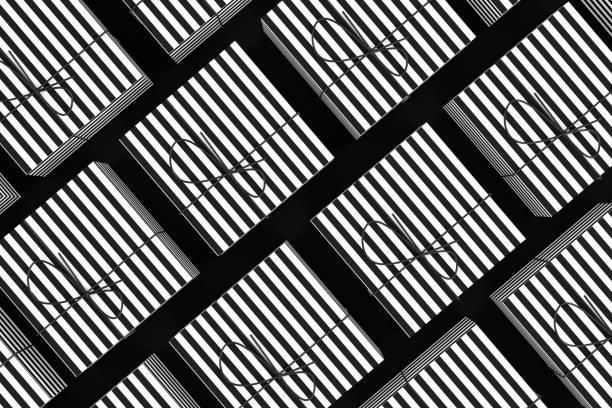 3d rendering of gift boxes with black and white color striped lens, Black Friday concept.