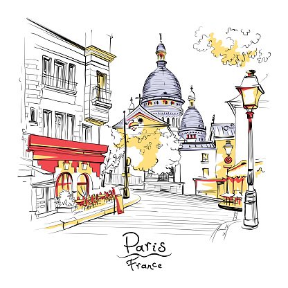 Vector sketch of the Place du Tertre and the Sacre-Coeur, quarter Montmartre in Paris, France