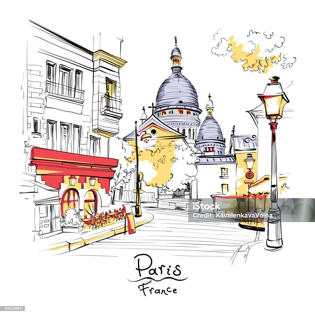 Montmartre in Paris, France Vector sketch of the Place du Tertre and the Sacre-Coeur, quarter Montmartre in Paris, France Paris - France stock vector