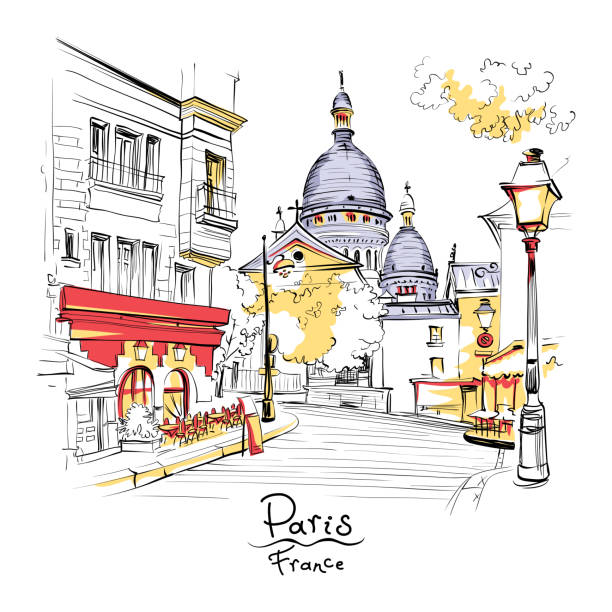 Montmartre in Paris, France Vector sketch of the Place du Tertre and the Sacre-Coeur, quarter Montmartre in Paris, France paris france illustrations stock illustrations
