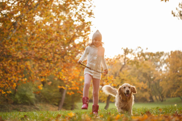 istock Smiling little girl walking with dog 1174131048