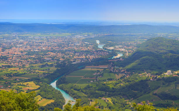 Soca river Gorizia and Nova Gorica view from Sabotin mountain nova gorica stock pictures, royalty-free photos & images