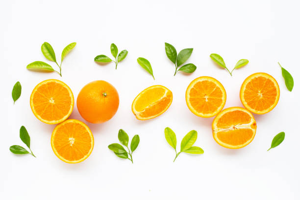 istock High vitamin C. Fresh orange citrus fruit with leaves isolated on white. 1174132317