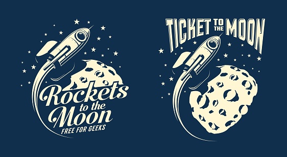 Moon posters with a flying rocket. Retro vintage stamp style. Vector illustration.