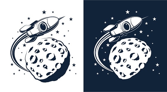 Space Rocket flies around the planet with craters similar to the moon. Retro stamp style vector illustration.