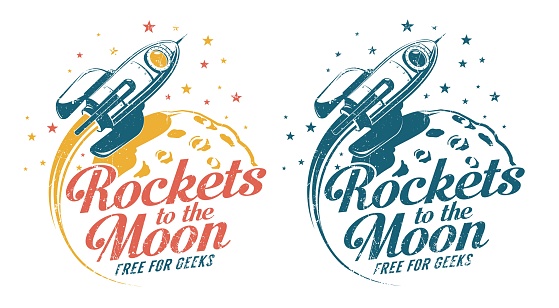 A rocket flying around the moon - vintage emblem poster print. Grunge worn textures on separate layer.