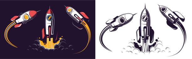 wystrzelenie rakiet kosmicznych i muchy - rocket taking off spaceship space stock illustrations