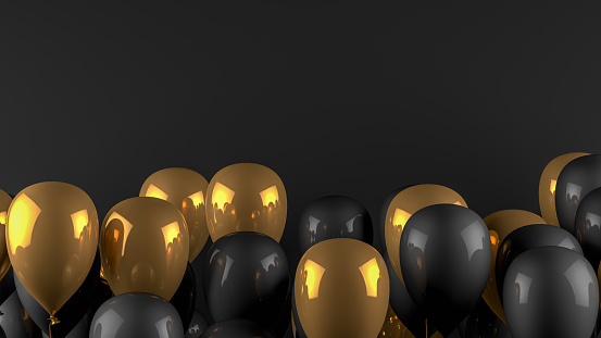 3d rendering of shiny balloons on black background. Empty space for birthday, party, promotion social media banners, posters.