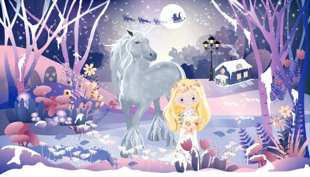 동화 오두막, 작은 공주, 귀여운, 산타 클로스 썰매 순록 크리스마스 밤에 보름달 을 통해 비행 마법의 숲의 판타지 풍경, 그림 만화 겨울 원더 랜드 - unicorn fantasy landscape animal stock illustrations