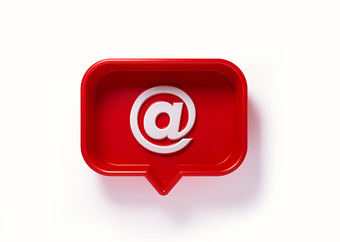 Red speech bubble with at symbol on white background. Horizontal composition with copy space. Clipping path is included.