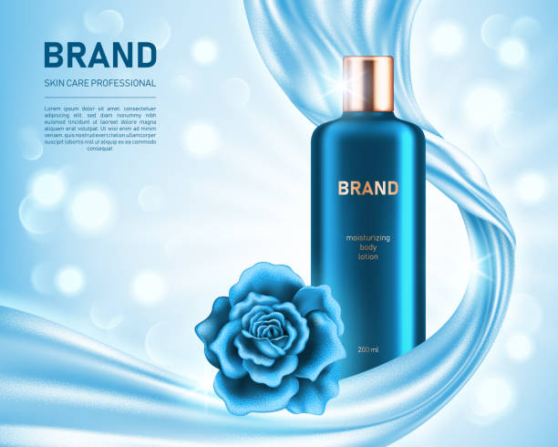 Cosmetics promotional poster Realistic lotion bottle and shiny rose on light blue background with smooth satin fabric and bokeh lights. Cosmetic brand advertising concept design blue roses stock illustrations