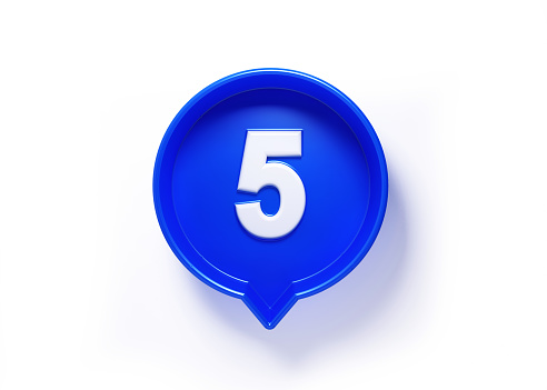 Blue speech bubble with white number five on white background. Horizontal composition with copy space. Clipping path is included.