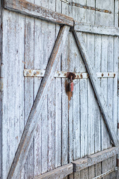 istock Old gray wooden plank gate with a padlock. 1174148330