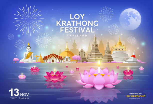 Welcome to Loy Krathong festival in building and landmark thailand banners Welcome to Loy Krathong festival in building and landmark thailand banners on blue background, vector illustration abstract asia backgrounds bangkok stock illustrations