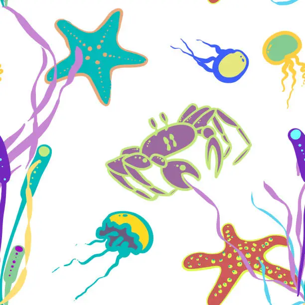 Vector illustration of Underwater world. Vector seamless pattern with starfishes, crabs, jellyfishes, corals and seaweed on white background. Good for wrapping, paper fabric, textile.