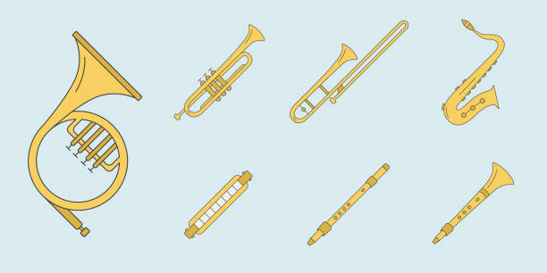 ilustraciones, imágenes clip art, dibujos animados e iconos de stock de instrumentos musicales iconos establecidos 11 - bugle trumpet jazz music